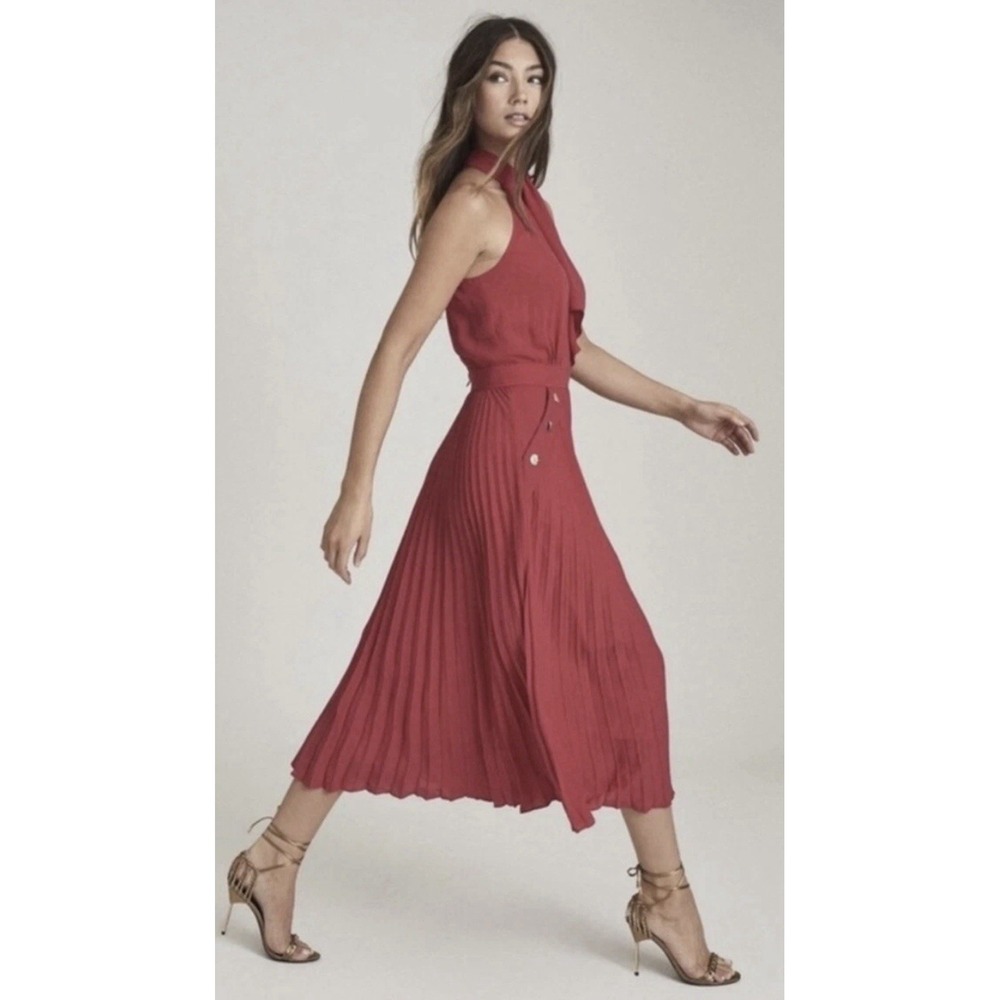 Reiss Red Pleated Halter Midi Dress Berry Pink Gold Button Detail Size 4